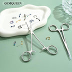GEMQUEEN Piercing Curved and Straight Forceps for Changing Jewelry - 316L Surgical Stainless Steel Pliers Tool Set Locking Tweezers Clamps for Removal Earrings Lip Nose Rings 2 PCS - color: Silver