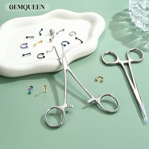 GEMQUEEN Piercing Curved and Straight Forceps for Changing Jewelry - 316L Surgical Stainless Steel Pliers Tool Set Locking Tweezers Clamps for Removal Earrings Lip Nose Rings 2 PCS - color: Silver