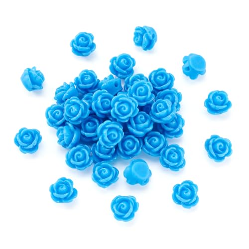 Beadthoven 50pcs Handmade Flat Base Opaque Resin Blue Rose Flower Beads for DIY Beading Jewelry Necklace Bracelet Earring Supplies 9x7mm Hole: 1mm - color: Blue Rose#9x7mm