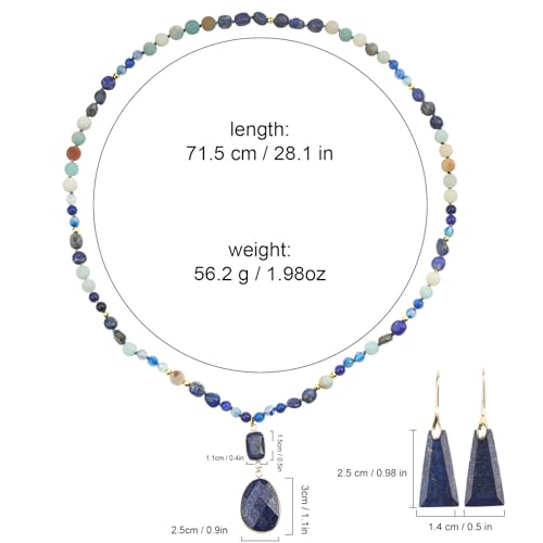 2 Pcs Boho Lapis Lazuli Jewelry Set for Women - Handmade Natural Stone Beaded Long Necklace with Oval Lapis Lazuli Pendant & Trapezoid Lapis Lazuli Earrings | Vintage Elegance | Ideal Gift for Her - style: Lapis Lazuli Pendant