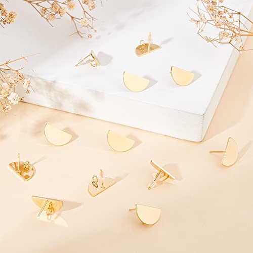 BENECREAT 20Pcs 18K Real Gold Plated Earring Studs, Flat Half Round 9x16mm Brass Ear Studs with Vertical Loops and 40Pcs Earring Nuts for DIY Earring Jewelry Making, Hole: 2.5mm - color: Flat Half Round
