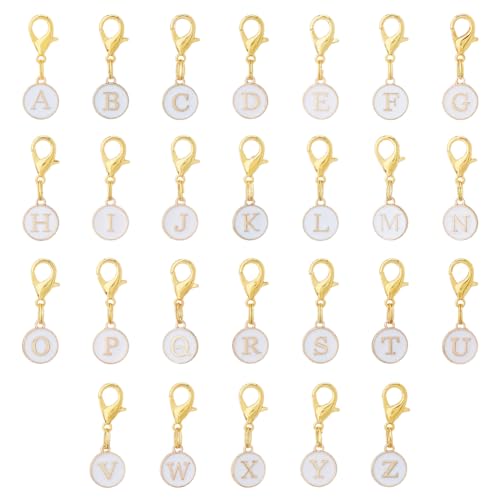 SUPERFINDINGS 52Pcs 26 Styles Clip on Charms 26 Letter Zipper Pulls Initials Letter Alloy A to Z Alphabet Charm with Lobster Clasp Black/White Decorations for Keychain Purse Backpack Ornament - color: White