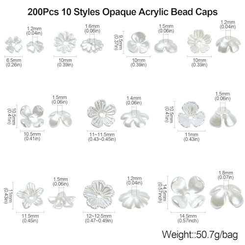 Ipotkitt 200 Pcs 10 Styles White Acrylic Flower Bead Caps ABS Plastic Spring Beads Imitation Pearl Flower Shaped Bead Caps Floral End Caps for DIY Craft Necklaces Bracelets Jewelry Making - color: 200pcs-White Flower Bead Caps-6.5~14.5mm