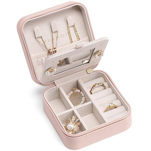 VLANDO Valentines Day Gifts - Small Travel Jewelry Box Organizer -Jewelry Display Case for Girls Women Bridesmaid Gift Rings Earrings Necklaces Storage with Mirror Pink - color: Pink