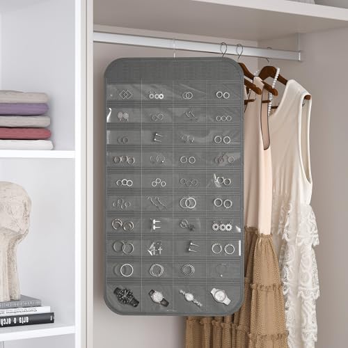 1 Pack Hanging Jewelry Organizer 80-Pocket Dual-sided Jewelry Storage for Earring Necklace Bracelet Ring Travel Holder, Gray - color: Gray