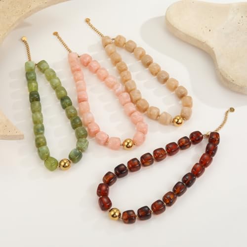 Colorful Beaded Choker Necklace for Women Boho Large Square Acrylic Beaded Necklace Adjustable Surfer Beach Strand Necklces Summer Jewelry Accessories - color: Brown