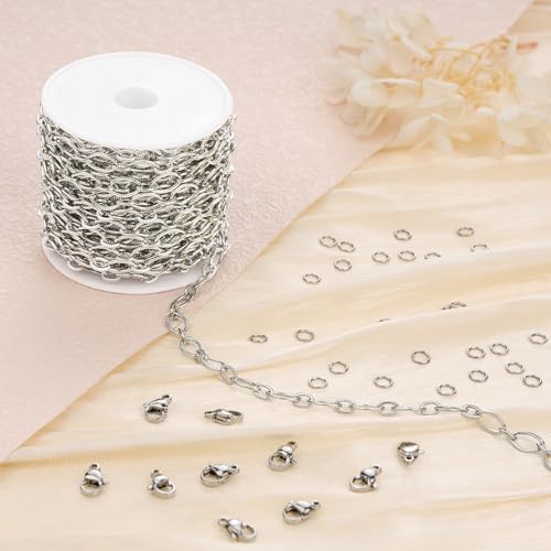 Jabogrii 5 Meters Silver Rhombic Chain for Jewelry Making Stainless Steel Chain Roll Bulk with Lobster Clasps and Jump Rings - color: Rhombic Silver