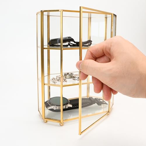 BuleVina Glass Jewelry Display Case 6.7x4x8.4 inches Small Cabinet, 3-Tier Geometric Box Keepsake Trinket for Rings, Earrings, Crystals, Makeup Organizer, Multifunction Table Decoration Storage