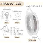 BENECREAT 49FT 49 Strands Beading Wire Kit, 0.38mm/28 Gauge Stainless Steel Tiger Tail With Lobster Clasps, Jump Rings, Bead Tips, Brass Crimp Beads for Jewelry Making - size: 0.38mm, style: 49 Strands