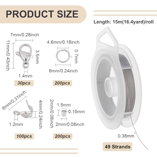 BENECREAT 49FT 49 Strands Beading Wire Kit, 0.38mm/28 Gauge Stainless Steel Tiger Tail With Lobster Clasps, Jump Rings, Bead Tips, Brass Crimp Beads for Jewelry Making - size: 0.38mm, style: 49 Strands