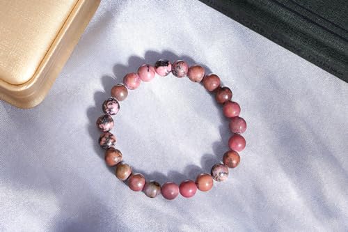 MAIBAOTA Healing Crystal Bracelet for Women Men, 8/4 mm Natural Stone Beaded Bracelets, Jewelry Birthday Gifts, Round Gemstones Stretch Bracelets - color: Red-Rhodonite, size: 8 mm