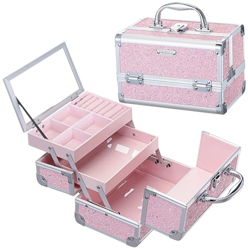 FRENESSA Makeup Case Organizer Portable Makeup Train Case Cosmetic Box with Mirror Jewerly Tray for Girls Nail Supplies Make Up Cases Organizers and Storage Kids Craft Case Pink - color: Shinny Pink