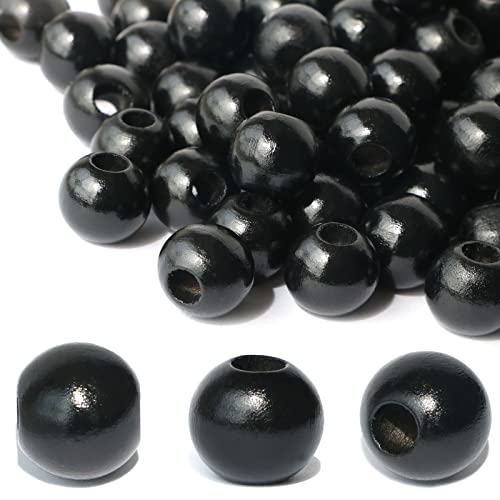 240Pcs Black Wood Beads 16mm for Craft Large Hole Wood Beads Hole:6mm (Black) - color: Black