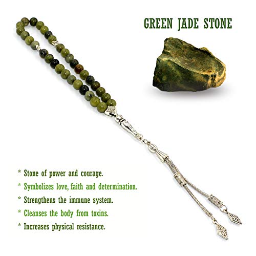 Simple Designed Natural Stone Worry Beads (8mm -33 Beads) - Prayer Beads Tesbih-Tasbih-Tasbeeh-Misbaha-Subha-Sebha-Sibha-Rosary (Green Jade Stone) - color: Green Jade Stone