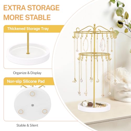 iDavosic.ly 2 Tier Rotating Necklace Holder Organizer with 42 Hooks, Adjustable Metal Bracelet Display Stand Rack, Extra Tall Keychain Spinning Tree Tower for Women, Wooden Base | White & Gold - color: White with Wooden Tray