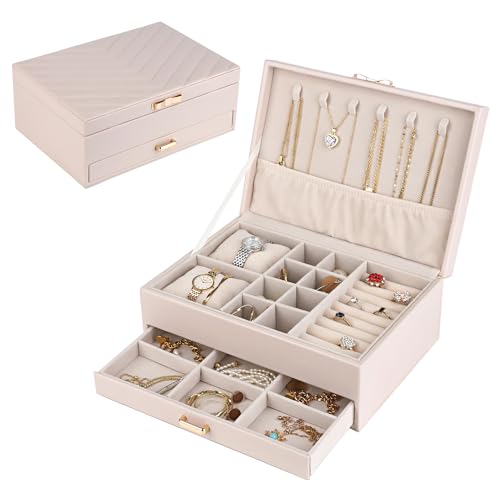 HofferRuffer Jewelry Box with Drawer for Women‌ Girls, Faux Leather Storage Jewelry Organizer Jewelry Case with Two Layers Display for Earrings Rings Necklaces (White) - color: White, size: 9.5 x 6.7 x 4 inches