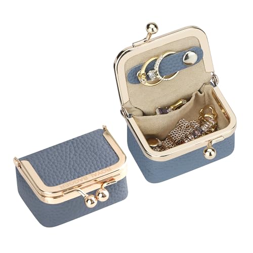Royal Bagger Genuine Cow Leather Mini Jewelry Box Women's Coin Purse Solid Color Kiss Lock Change Pouch Casual Style Small Storage Bag for Women 1894 (Denim Blue) - color: Denim Blue