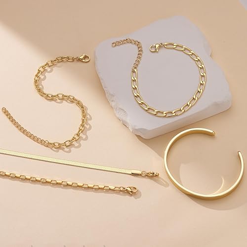 Gold Bracelets Set for Women Stack, Chunky Thick Bracelets Stack for Women Trendy, Simple Dainty Thin Gold Plated Cuff Stackable Bracelets With Beaded Cuban Paperclip Snake Rope Bangle Hand Chain Jewelry - style: Style 08-gold