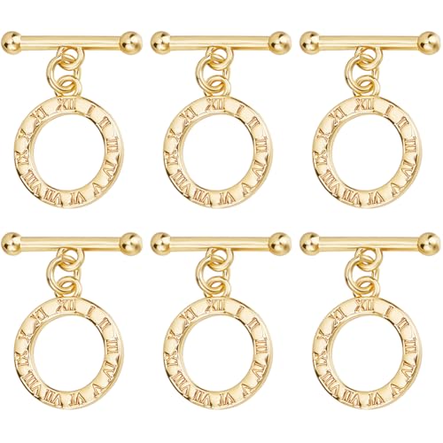 Beebeecraft 1 Box 15Pcs Toggle Clasps for Jewelry Making 18K Gold Plated Brass Clock Round Toggle Clasps Connectors Metal Bar and Snap Ring for DIT Craft - color: Gold 15pcs