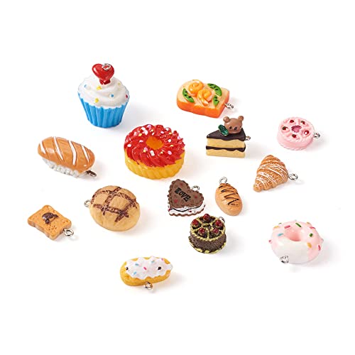 Cheriswelry Cup Cake Resin Pendants Lovely Food Sweet Dessert Dangle Charms Links Hanging Ornament with Metal Loop Fruit Pendants for Key Chains Bracelet Necklace Jewelry Making - color: Mixed Color-Bread & Dessert