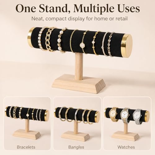 Wooden Watches Display tower Base Watch Necklace Bracelet Organizer Rack Bangle Scrunchie Headband Showcase tower (Velvet Round Black, 1-tiered) - color: Round Velvet Black