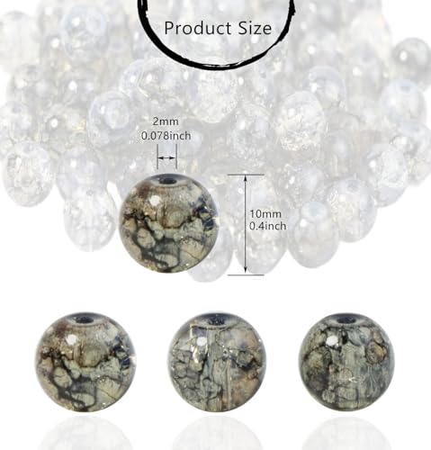 100Pcs 10mm Crackle Glass Beads for Jewelry Making - Round Spacer Crystal Beads Bulk, DIY Craft Supplies for Necklace Bracelet Earrings (Gray Black) - color: Grey Black