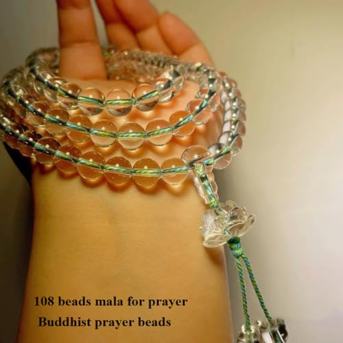 108 Clear Quartz Crystal Beads 8mm Mala Bracelet, Healing Stone Prayer Beads for Meditation Yoga Chakra Balancing - color: Green