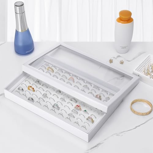 KUKUVR 100 Slots Ring Earring Holder Display Case, Velvet Jewelry Ring Earring Storage Organizer Box Tray with Clear Lid for Women And Selling Show (White) - color: White