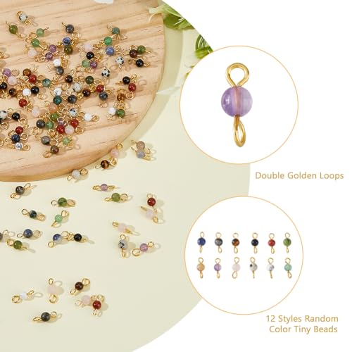 DICOSMETIC 120Pcs 12 Styles Gemstone Connector Charm 4mm Round Stone Link Charms Natural Quartz Crystal Charms Stone Pendants with Double Loops for DIY Bracelet Necklace Jewelry Making, Hole: 2.3mm