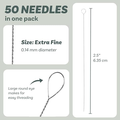 The Beadsmith Twisted Beading Needles - 2.5" (6.35 cm) Collapsible Eye Beading Needle, Extra-Fine (0.14 mm Diameter), Stainless Steel Flexible Wire for Stringing, Jewelry Making, Pack of 50 - style: Extra-Fine
