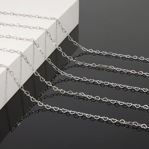 KYUNHOO 16.4FT/5M Stainless Steel Silver Chains for Crafts DIY Supply Jewelry Findings Hollow Heart Chain for Jewelry Making with Lobster Clasps Jump Rings - color: Heart Silver