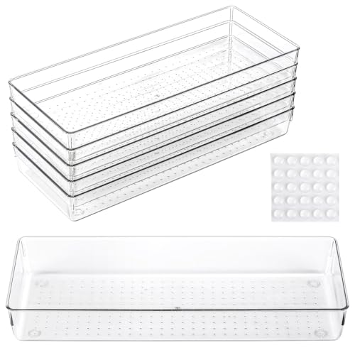 6 Pcs Large Clear Plastic Drawer Organizers Tray 15" x 6.3" Storage Bins with 25 Pcs Non-Slip Pads for Makeup, Jewelries, Kitchen Utensils, Bathroom and Office - size: 15"x6"