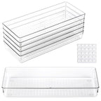 6 Pcs Large Clear Plastic Drawer Organizers Tray 15" x 6.3" Storage Bins with 25 Pcs Non-Slip Pads for Makeup, Jewelries, Kitchen Utensils, Bathroom and Office - size: 15"x6"
