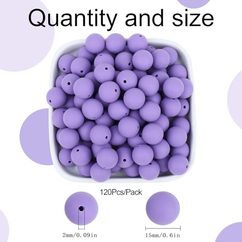 MAIBAOTA 120 Pcs Purple Silicone Beads 15 mm Purple Beads for Keychain/Pens/Bracelet/Necklace Making Focal Beads Loose Rubber Round Silicone Beads Bulk for Craft Making（with Boxed Kits） - color: Purple