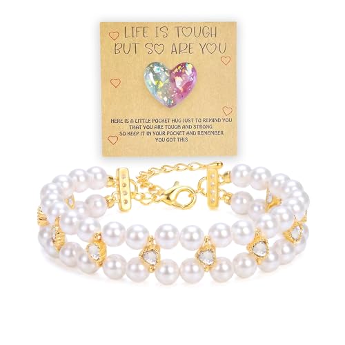Double Layer Pearl Heart Bracelets for Women, Cubic Zirconia Charm Jewelry, Adjustable Gold Silver Stackable Bracelet Jewelry Set Birthday Gift for Mom Daughter Wife - color: Gold-White