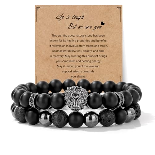 Natural Stone Bracelet 8mm Mens Black Beaded Bracelets Hematite Obsidian Onyx Lava Beads Bracelet Healing Crystal Bracelet for Men - style: Lion