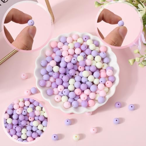 1 Box 500Pcs Matte Round Beads 8mm Opaque Acrylic Beads Bulk Frosted Lilac Small Ball Rubberized Imitated Silicone Bubblegum Smooth Loose Bead for Jewelry Making Bracelets Necklace DIY Craft - color: Lilac