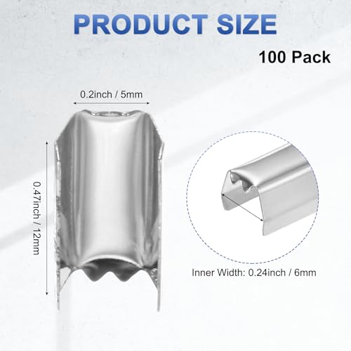 M METERXITY 100-Pack Fold Over Crimp End Caps, 0.5 x 0.2in/ 12 x 5mm Crimp Fasteners Ribbon Ends with Clamps for Jewelry Making/Leather Decor/DIY/Bracelets, Belt Buckle End Tip [Silver] - size: 0.5 x 0.2in/12 x 5mm