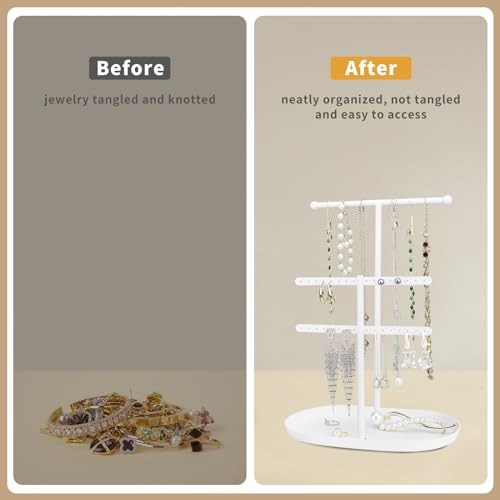 Saydear Elegant Jewelry holder Organizer 2-Tier Display Storage Stand for Earrings Necklaces with Ring Tray Spacious and Durable, Easy to Assemble White - color: White