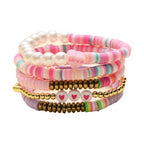 COLORFUL BLING 5-12Pcs Bohemian Love Heart Bead Bracelets for Women Vinyl Disc Heishi Surfer Stackable Stretch Bracelet Summer Beach Boho Jewelry - color: 5pcs pink purple