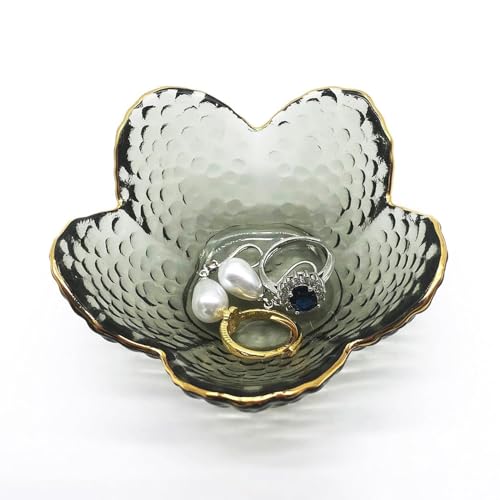 Flower Ring Dish Jewelry Tray, Glass Jewelry Dish Tray, Aesthetic Room Decor Small Trinket Dish, Nightstand Jewlery Ring Holder Dish, Bathroom Jewelry Plate Bowl for Rings Earrings Wife Gift - color: Black