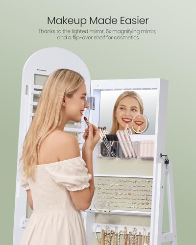 SONGMICS 360° Swivel Jewelry Cabinet, Full-Length Arched Mirror with LED Lights, Magnifying Mirror, Storage Shelves, Drawer, Cloud White UJJC030WB01 - color: Cloud White