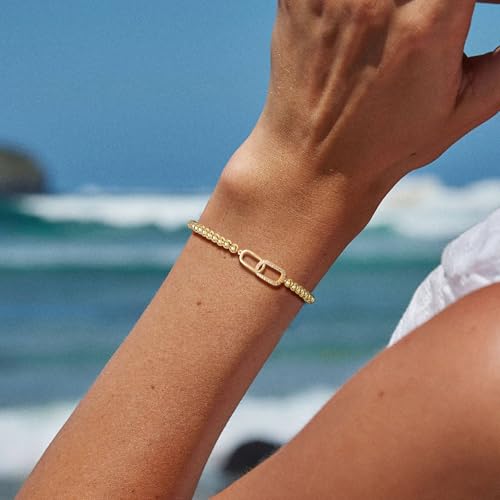 Mothers Day Gifts - Beaded Bracelets for Women 14K Silver Gold Plated Stretch Handmade Ball Bracelets Cute Charm Bracelet Dainty Stackable Cross Heart Bow Wave CZ Circle Trendy Jewelry Easter Gifts - color: zirconia-square