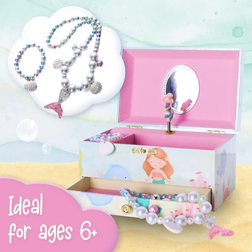 The Memory Building Co Mermaid Musical Jewelry Box Plays Classic Melody, Storage Organizer Music Box for Kids Ages 6-12, MDF Wood w/ 2 Fabric Lined Ring Bracelet Necklace Treasure Compartments - style: Mermaid