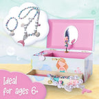 The Memory Building Co Mermaid Musical Jewelry Box Plays Classic Melody, Storage Organizer Music Box for Kids Ages 6-12, MDF Wood w/ 2 Fabric Lined Ring Bracelet Necklace Treasure Compartments - style: Mermaid
