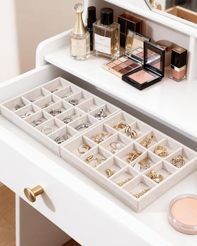 Stackable Jewelry Organizer Trays with Removable Dividers, 2-Tray Beige Jewelry Drawer Organizer Set for Earrings, Necklaces, Rings & Bracelets Gift for Her