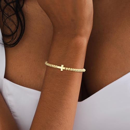 Mothers Day Gifts - Beaded Bracelets for Women 14K Silver Gold Plated Stretch Handmade Ball Bracelets Cute Charm Bracelet Dainty Stackable Cross Heart Bow Wave CZ Circle Trendy Jewelry Easter Gifts - color: cross