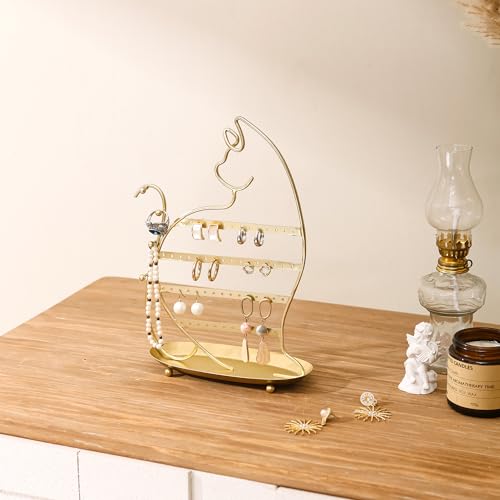 NIKKY HOME Cat Earring Holder Hanging Organizer Stand Metal Jewelry Tree Table Top Ear Stud Holder Tower Rack with Ring Tray and Hook for Girls (56 Holes), Gold