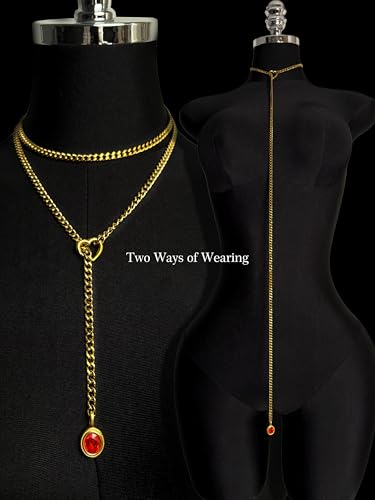 Heart Slip Chain Necklace for Women, 39 Inch Cuban Chain, Removable Heart O-Ring, Crystal Pendant, Adjustable Stainless Steel Y-Necklace - color: Gold-Red