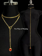 Heart Slip Chain Necklace for Women, 39 Inch Cuban Chain, Removable Heart O-Ring, Crystal Pendant, Adjustable Stainless Steel Y-Necklace - color: Gold-Red